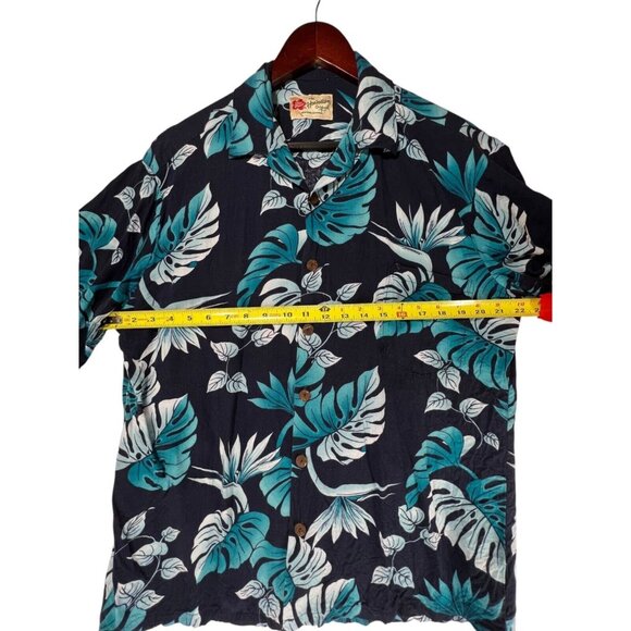 Vintage Hilo Hattie Hawaiian Black Teal Blue Floral Button-Up Shirt Mens Large - Picture 10 of 11